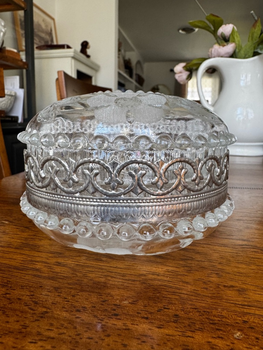 Vtg 1950’s MCM Crystal Powder Jar Trinket Dish Hollywood Regency